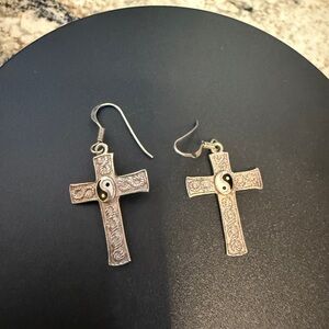 Silver Yin Yang Cross Earrings